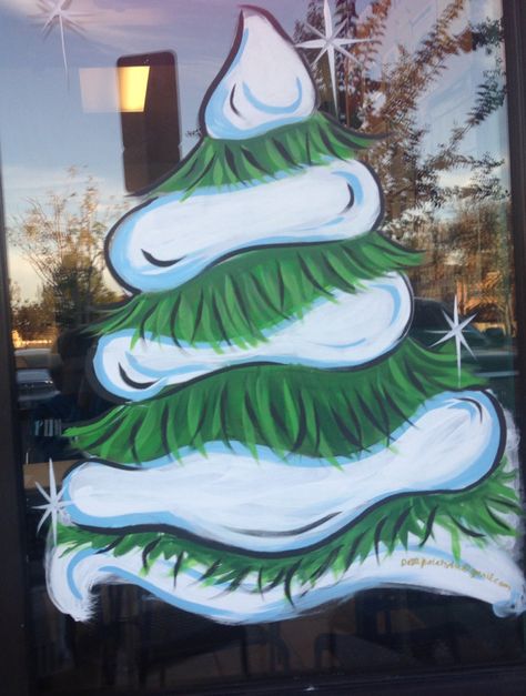 Giant snow tree, Holiday window painting, #pattipaints4u Winter Tree Window Art, Grinch Painted Window, Window Murals Ideas, Seasonal Window Painting, Gingerbread Man Window Painting, The Grinch Window Painting, Window Painting Ideas Winter, Grinch Window Art, Diy Christmas Window Painting