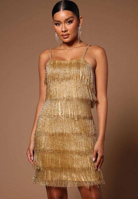 Gold Theme Outfit Women, Gatsby Theme Dress, Gold Tassel Dress, Gold Dress Outfit, Gold Fringe Dress, Gold Flapper Dress, Fearless Tour, 20s Fashion Dresses, Green Quince