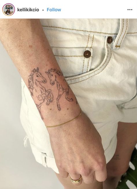 Horse Wrist Tattoo, Cowgirl Fine Line Tattoo, Minimalistic Horse Tattoo, Pink Pony Club Tattoo, Tattoo Ideas Horse, Horses Tattoo, Pony Tattoo, Horseshoe Tattoo, Pegasus Tattoo