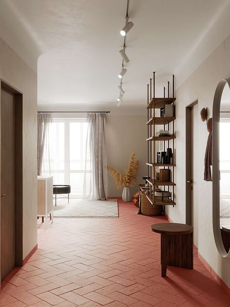 Small Apartment by Lena Budantseva Red Tile Floor, Living Room Ideas Luxury, Tiles Living Room, Tile Floor Living Room, Townhouse Interior, White Apartment, Red Floor, Three Bedroom House, Cute Diy Room Decor