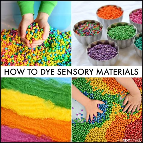 Rainbow sensory play guide: how to dye sensory bin fillers from oats to rice to salt from And Next Comes L Sensory Bin Materials, Sensory Resources, Dye Rice, Sensory Bin Fillers, Rainbow Sensory, Sensory Materials, Light Table Activities, Sensory Table Ideas, Sensory Tubs