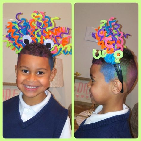 Crazy hair day for my little boy! I just not a double row headband from Walmart, twisted pipe cleaners around the headband and glued eyes. And that's just eyeshadow on his hair. #crazyhair #crazyhairday #boyhair #crazyhairdayboy Crazy Hair For Boys With Short Hair, Crazy Hair Day Headbands, Embeleco Day Ideas For Boys, Crazy Hair Day At School For Boys, Kids Crazy Hair Day Ideas Boys, Crazy Hair Day At School For Boys Easy, Crazy Hair Day Ideas For Adults, Wacky Hair Day Ideas For Boys, Crazy Hair Day For Adults