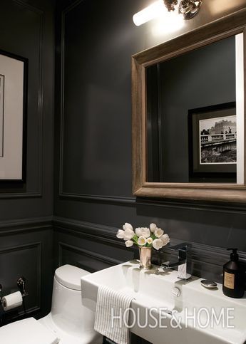 Read on for powder room makeover tips to help you design your dream bathroom. | Photographer: Alex Lukey | Designer: Rachel Fox Dark Color Powder Room, Peppercorn Powder Room, Herringbone Powder Room, Iron Ore Powder Room, Moody Powder Room Ideas, Moody Inspiration, Dark Powder Room, Moody Powder Room, Powder Room Paint Colors