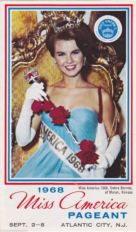 Miss America 1968 Debra Dene Barnes (Kansas) cover page of Atlantic City Brochure for 1968 Miss America Pageant 80s Pageant Queen, Vintage Pageant Aesthetic, Southern Pageant Aesthetic, Miss America Halloween Costume, Beauty Pageant Aesthetic, City Brochure, 1970s Beauty, Princess Shoot, 80s Beauty