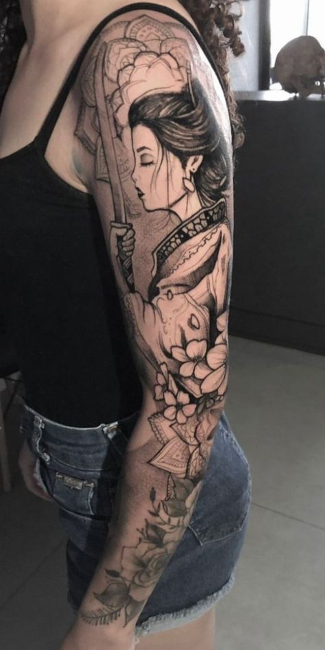 Geisha Arm Tattoo, Female Samurai Tattoo, Matching Tattoos For Couples, Samurai Tattoo Sleeve, Japanese Tattoo Women, Couple Tattoo Ideas, Sleeve Tattoo Designs, Tattoos For Couples, Female Samurai