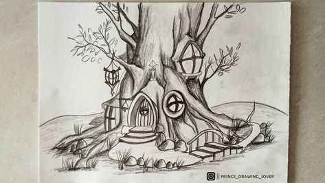 Drawing || Art || Sketch on Instagram: “Video Tutorial Link In Bio . . . Plz... 👇👇 Follow 👇👇 @prince_drawing_lover @prince_drawing_lover @prince_drawing_lover…” Fairy Tree Tattoo, Fairy Tree Houses Drawing, House Pencil Drawing, Mushroom House Drawing, House Drawing Ideas, Fairy House Drawing, Houses Drawing, Drawing Buildings, Tree House Drawing