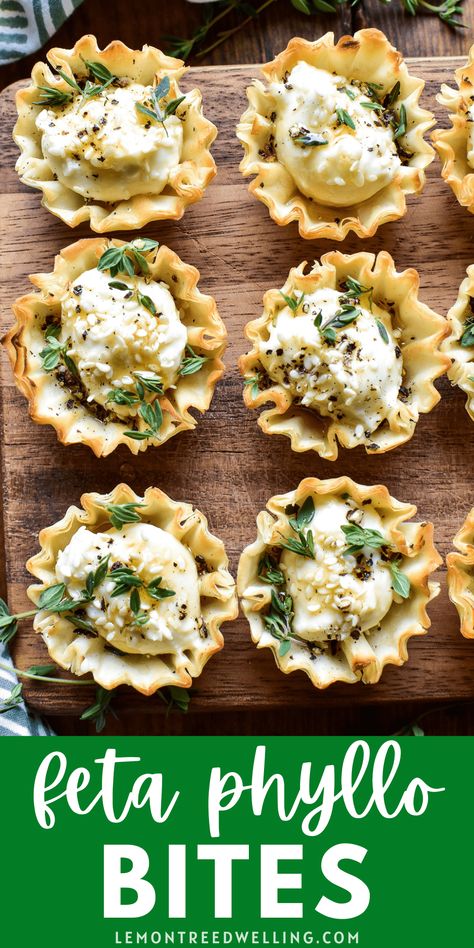 These Feta Phyllo Bites are the cutest little appetizer! They're savory + sweet, with a crispy shell and a deliciously creamy filling. The perfect bites for any occasion! Phyllo Dough Recipes Appetizers, Philo Pastry, Phyllo Cup Appetizers, Cup Appetizers, Phyllo Bites, Philo Dough, Phyllo Shells, Feta Bites, Savoury Bites