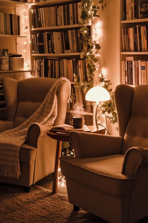 Transform your space with this cozy reading nook that offers warmth and tranquility through plush seating, gentle lighting, and a soft blanket for ultimate relaxation. reading space, cozy design, ambient lighting ideas, home decor, plush chairs, soft blankets, tranquil vibes, book lover’s corner Ambient Lighting Ideas, Nook Inspiration, Gentle Lighting, Room Decor For Men, Stylish Room Decor, Winter Reading, Reading Space, Plush Chair, Cozy Design