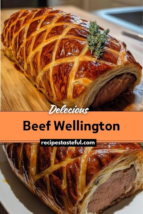 Classic Beef Wellington is an elegant and flavorful dish featuring a tender beef tenderloin wrapped in a savory mushroom duxelles and prosciutto, all encased in flaky puff pastry. Perfect for special occasions, it combines rich, gourmet flavors with a stunning presentation. Beef Wellington Recipe Without Mushrooms, Beef Welington, Easy Beef Wellington, Christmas Beef, Gourmet Entrees, Wellington Recipe, Beef Tenderloin Recipes, Beef Wellington Recipe, Christmas Recipes Easy