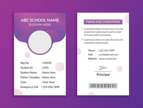 School id card template and vatical college student identity card design layout School Id Template Layout, School Id Card Template, School Id Pictures, Student Identity Card, Card Design Layout, Identity Card Design, Abc School, School Id, Outfits Baggy