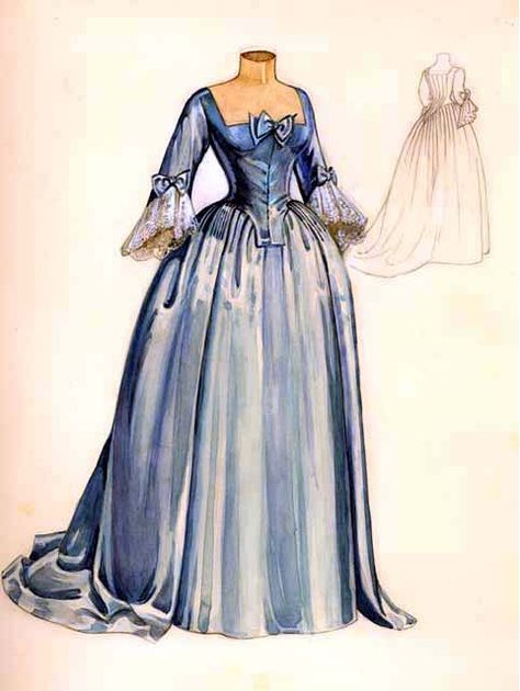 Blue dress late 1700's (sorry not sure about website) Blue 18th Century Dress, 18th Century Dress Drawing, 1800s Blue Dress, 1780s Dress England, 1800 Dress Drawing, Early 1700s Dresses, 1700s Dresses French, Late 1700s Fashion, Late 1700s Dresses