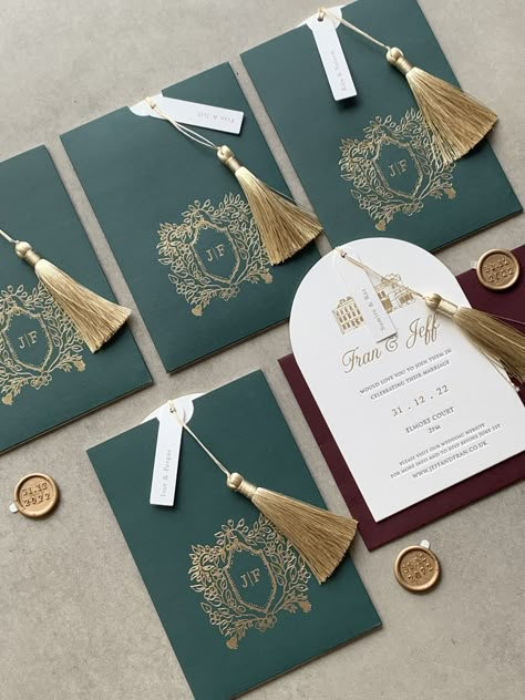 Gold and green arch letterpress wedding invitation for New Years Eve wedding at Elmore Court Tassel Wedding Invitation, Best Wedding Invitation Card Design, Tassel Invitation, Quince Planner, Green Arch Wedding, Creative Wedding Invitations Design, Arch Invitation, Arch Wedding Invitation, Green Arch