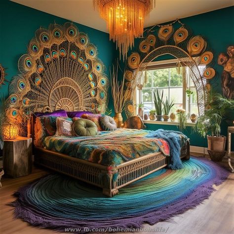 Peacock Bedroom Ideas Decor, Peacock Bedroom Ideas, Bedroom Maximalist, Boho Room Inspiration, Jewel Tone Bedroom, Bedroom Ideas Decor, Ethnic Bedroom, Peacock Bedroom, Colorful Boho Bedroom