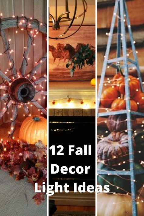 12 Fall decor ideas for adding light to those long Autumn evenings. Fall Outdoor Lighting Ideas, Fall Decor With Lights, Fall Chandelier Decorations, Wooden Fall Crafts, Dollar Store Fall Crafts Diy, Dollar Store Fall Crafts, Acorn Lights, Orange String Lights, Chandelier Decorations