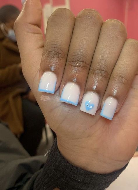 Nails Acrylic Short Square Blue, Cute Basic Nail Ideas Short, Short White And Blue Acrylic Nails, Short Nail Designs Blue French Tips, Short Nail Designs Blue And White, Dope Short Nail Designs Blue, White And Blue Short Nails, Short Nails Acrylic Blue, Shorties Nails Blue