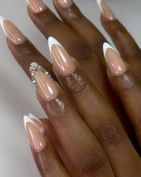 Pick A Color 🇬🇭 on Instagram: "Almond French are always my favorite 🤗🫶🏾🤍🤍💎💎#cuticles sealed #nicenailsaintcheap #nailsnailsnails #nailswag #nailinspiration 💅🏻💅🏻" Almond Nails Colors, Solid Gel Nails, Perfect Summer Aesthetic, Bridal Shower Nails, Summer Almond Nails, Birthday Nail Designs, Paris Nails, Pick A Color, Nails Colors