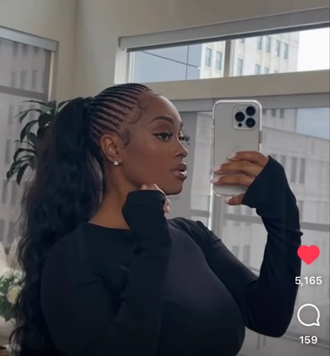 Feed In Braids With Beads At The End, Boho Feedin Ponytail, Cornrow Into Ponytail Natural Hair, Cornrow High Ponytail, Cornrow Low Ponytail, Ponytail With Cornrows, Feed In Braided Ponytail, Cornrows Into Ponytail, Cornrows With Bangs