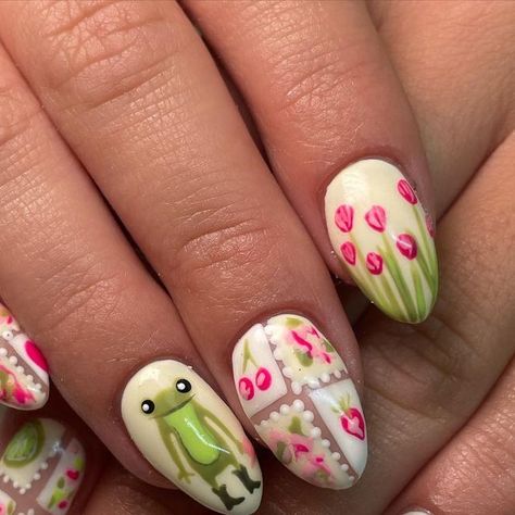 Kamrynn petersen 🔅 licenced nail tech :) on Instagram: "The frog 😭😭  Swipe to see our inspo!!!!" Detailed Flower Nails, Animal Nails Cute, Cutesy Nail Designs, Cute Mix Match Nails, Kacey Musgraves Nails, Cute Nail Polish Ideas For Short Nails, Teletubbies Nails, Frog Nail Ideas, Lunar Moth Nails