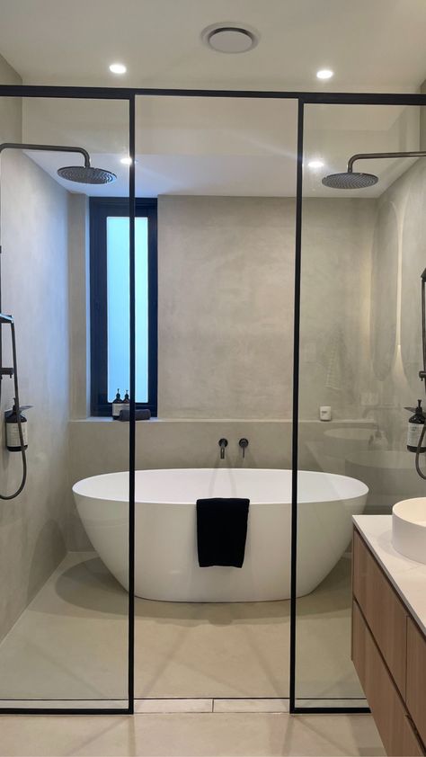 Paddington Bathroom walls and floors in selected microcement finish. Vanity bench top in Smartstone 'Davinci Blanco'. Brushed gunmetal tapware. Gunmetal Tapware, Travertine Bathroom, L Design, Bathroom Tapware, Bathroom Walls, Bathroom Top, Bathroom Design Luxury, Bathroom Inspo, Park Lane