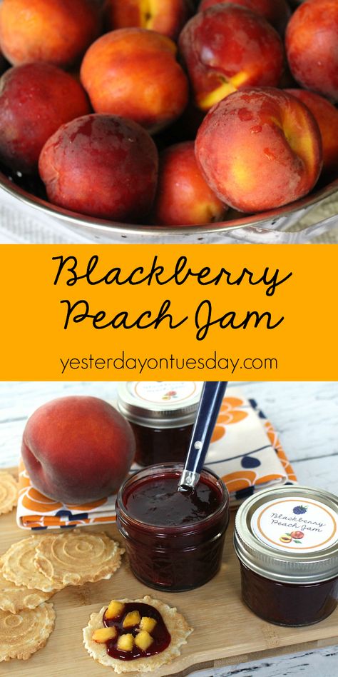 Blackberry Peach Jam Recipe: Enjoy the flavor of Ripe peaches and delicious blackberries all year long! Great on crackers, toast and  vanilla ice cream. Blackberry Peach Jam, Blackberry Peach, Peach Jam Recipe, Blackberry Recipes, Jam Recipes Homemade, Canning Jam, Canned Goods, Peach Jam, Fresh Peaches