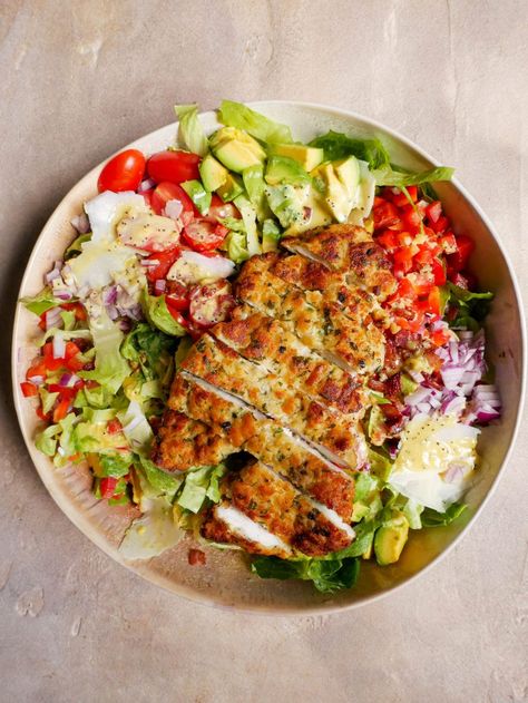 Crispy Crumbed Chicken & Bacon Salad - Daen's Kitchen Chicken Bacon Salad, Protein Salads, Crumbed Chicken, Crispy Chicken Salads, Ultimate Salad, Chicken Salad Dressing, Pecorino Romano, Bacon Salad, Citrus Chicken