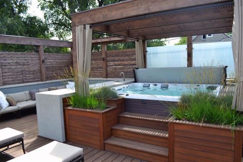 A serene urban getaway, this gorgeous rooftop deck features ipe decking, a built-in hot tub, cedar pergola, outdoor bar and a chic fire pit seating area. Gorgeous Decks, Building Patio, Hot Tub Deck Design, Hot Tub Landscaping, Ipe Decking, Hot Tub Patio, Hot Tub Designs, Outdoor Hot Tub, Relaxing Backyard