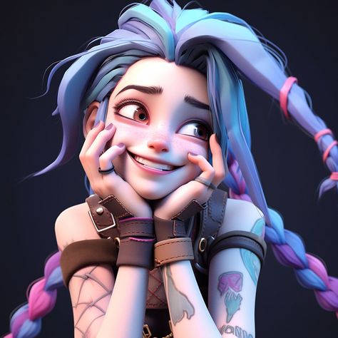 A close-up of Jinx in Pixar-style 3D, showcasing her mischievous smile and bright, expressive eyes. Her wild, blue hair is full of energy, with a playful, dynamic pose that captures her chaotic personality. The smooth, stylized rendering highlights her vibrant colors and lively features in a fun, animated way. Chaotic Personality, Dynamic Pose, Expressive Eyes, Full Of Energy, Dynamic Poses, Blue Hair, Pixar, Black Hair, Close Up