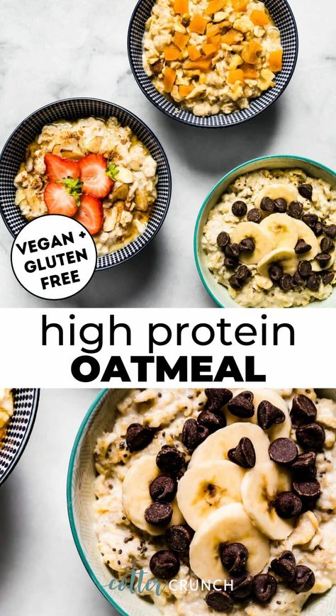 Learn how to make gluten free high protein oatmeal recipes with egg whites, protein powder, and nuts and seeds to satisfy all your flavor preferences and dietary needs. Budget-friendly, quick, and easy, they’re the best way to start the day! Make these vegan high protein oats without protein powder with hemp and pumpkin seeds. Recipes With Egg Whites, Oatmeal With Egg Whites, High Protein Oatmeal Recipes, Protein Oatmeal Recipes, High Protein Oats, High Protein Oatmeal, Cotter Crunch, Gluten Free High Protein, Vegan High Protein