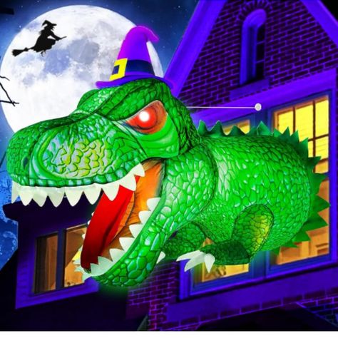 【Roaring T-Rex Appearance Creates Fright Halloween Atmosphere】The Halloween blow up yard decorations feature 4FT red-eye roaring T-rex appearance, with a witch hat on its head, the realistic skin textures highlighting the ferocious look. The built-in super bright LED light makes the dinosaur glow green and more vivid, definitely will be the most eye-catching Halloween decoration among your neighbors Halloween Yard Inflatables, Halloween Blow Ups, Yard Inflatables, Inflatable Decorations, Halloween Inflatables, Yard Decorations, Halloween Outdoor, Fright Night, Garden Lawn