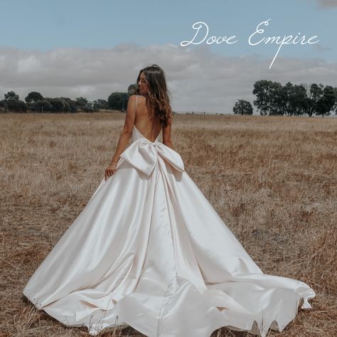 Subtle Princess Wedding Dresses, Wedding Dress Large Bow On Back, Wedding Dress With Front Bow, Simple Elegant Wedding Dress With Bow, Backless Princess Wedding Dresses, Bridal Gown With Bow, Silk Bow Wedding Dress, Elegant Wedding Dress Backless, Unique Classic Wedding Dress