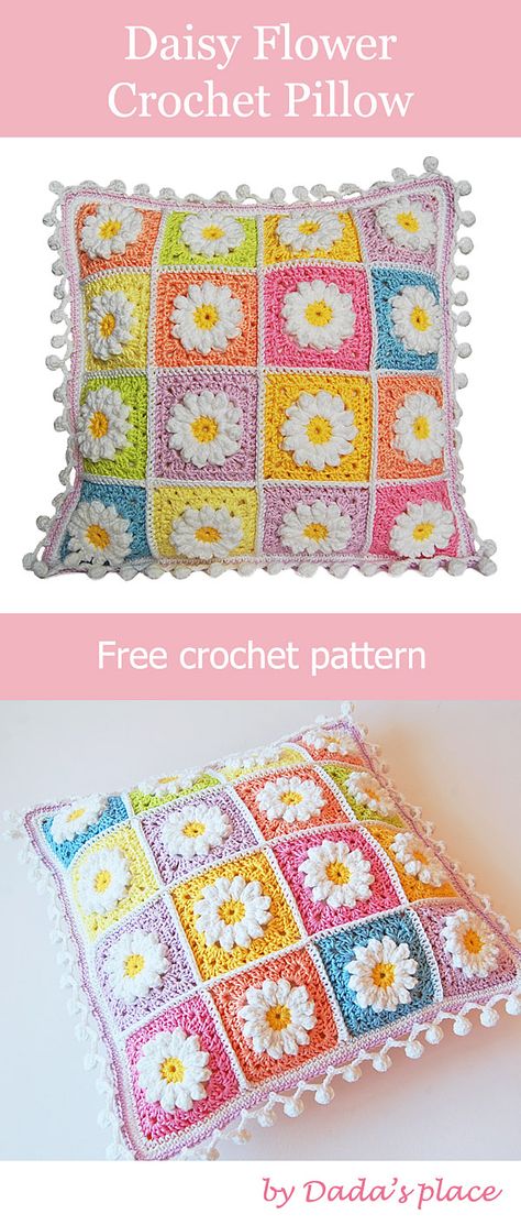 Daisy Flower Crochet Pillow made by Dada's place. Link to the free daisy granny square pattern, and Pom-pom edge free pattern. #CrochetFreePattern #CrochetPillow #CrochetCushion #CrochetFlower Crochet Daisy Cushion, Crochet Cushion Edging, Daisy Granny Square Pillow, Granny Square Cushion Cover Free Pattern, Granny Square Cushion Cover Pattern, Granny Square Crochet Bag Pattern Free, Daisy Pillow Crochet Pattern, Crochet Flower Pillow Pattern Free, Crochet Cushion Cover Pattern Free