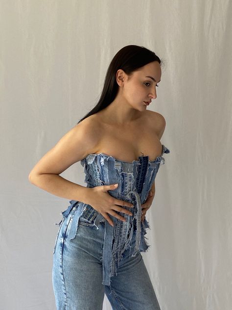 reworked fashion denim corset denim scraps Reworked Denim Top, Recycled Denim Fashion, Denim Corset Outfit, Denim Corset Belt, Denim Bralet, Textiles Gcse, Reworked Fashion, Denim Scraps, Fashion Corset