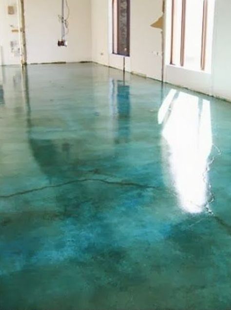 Turquoise concrete floor Painted Cement Floors, Diy Concrete Stain, Polished Cement, Cement Floors, Painting Cement, Metallic Epoxy Floor, Studio Floor, Floor Makeover, Concrete Patios