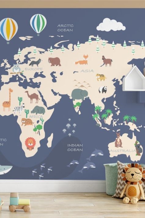 World map wallpaper Playful Palette, Kids World Map, World Map Wallpaper, Map Wallpaper, Wallpaper Murals, Nursery Wallpaper, Wallpaper Mural, Animal Wallpaper, Indian Ocean