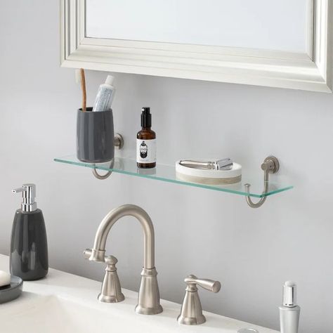 Features Glass shelf can display and organize toiletries, towels, or small decorative items Product Type: Shelving Shelves Included: Yes Mount Type: Wall mounted Glass Component: Yes Glass Type: Tempered Shelf Above Pedestal Sink, Floating Shelves Over Toilet, Storing Towels, Glass Wall Shelves, Cube Shelves, Corner Wall, Wood Floating Shelves, Glass Shelf, Wall Molding