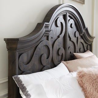 Attach this Bellamy headboard to your existing bed frame to complete your bed. Featuring a bell-shaped design, scrolled detailing, and a weathered peppercorn finish, this piece gives your bedroom an inviting old-world feel. This headboard is compatible with most metal bed frames and comes in both queen and king size. Materials: Pine Solids, Pine Veneer Finish: A rustic Peppercorn finish enhances the textured, distressed details and highlights the natural beauty of the wood Shaped headboard with Murphy Bed Ikea, Shaped Headboard, King Black, Arched Headboard, Tufted Upholstered Headboard, Queen Panel Beds, Headboard Designs, King Headboard, Online Furniture Shopping