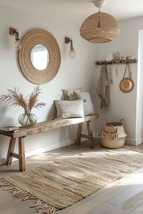 Boho Entryway Ideas, Bohemian Entryway, Boho Bench, Boho Hallway, Minimalist Entryway, Boho Entryway, Brown Sofa Living Room, Coastal Entryway, Cheap Couch