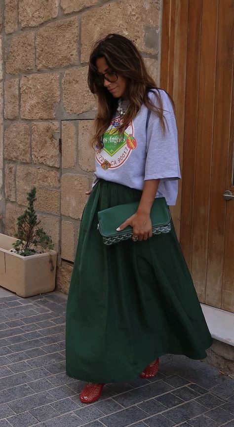 How To Style A Green Skirt, Church Casual Outfit, Green Pleated Skirt Outfit, Army Green Outfit, Green Skirt Outfits, Adidas Gazelle Outfit, Skirt Outfit Casual, Green Pleated Skirt, Green Maxi Skirt