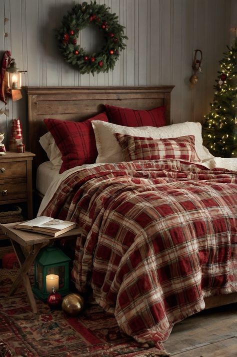 Plaid Christmas Blanket, Christmas Cottage Bedroom, Cottagecore Christmas Bedroom, Cozy Christmas Bed, Vintage Christmas Bedroom, Vintage Americana Bedroom, Bedroom With Greenery, Bedroom With Wood Accents, Christmas Decor Bedroom Ideas