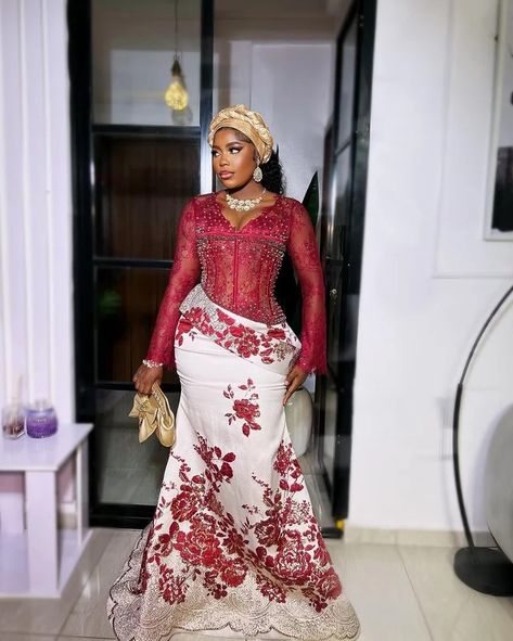 Lace Hand Styles, Brocade Asoebi Styles 2024, Red Asoebi, Nigerian Wedding Guest, Nigerian Traditional Dresses, Lace Asoebi, Owambe Styles, Bespoke Dress, Nigerian Lace Dress