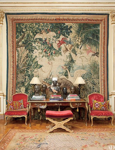 Tapestry: 18 Rooms Where Wall Hangings Steal the Show | Architectural Digest Wall Tapestry Bedroom, Cool Tapestries, Living Room Tapestry, Wall Hanging Living Room, Modern Tapestries, Room Tapestry, Tapestry Bedroom, Rug Wall Hanging, Colourful Living Room