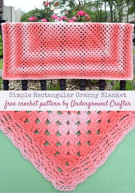 Simple Rectangular Granny Blanket, free crochet pattern in Red Heart Super Saver Ombré yarn by Underground Crafter | This rectangular variation on the traditional granny square pattern can easily be adjusted to your preferred size. A simple chain space border adds a finishing touch. Use a self-striping ombré yarn to create beautiful color changes without having to weave in ends. Crochet Patterns Blanket Granny Square, Crochet Granny Square Throw, Traditional Granny Square, Crochet Blanket Border, Granny Square Pattern Free, Granny Blanket, Granny Square Pattern, Ombre Yarn, Crochet Granny Square Blanket