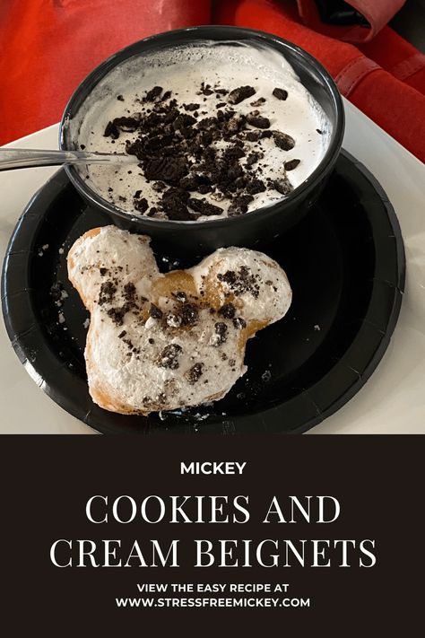 Cookies and Cream Mickey Beignets - Stress Free Mickey Mickey Beignets, Disney Inspired Food, Beignet Recipe, Cookbook Collection, Disney Eats, Oreo Cream, Disney Cookies, Delicious Cookies, Chocolate Wafers