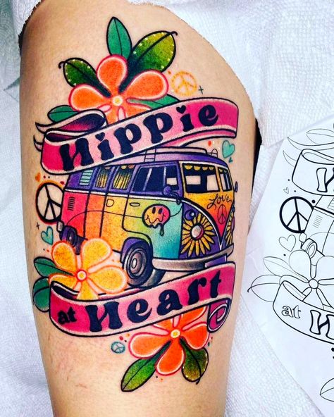 Hippy Flower Tattoo, Hippie Girl Tattoos, Hippie Flower Tattoos, Van Tattoos, Tie Dye Tattoo, 70s Tattoo Ideas, Bus Tattoo, Hippie Tattoo Ideas, Tattoo Ideas Tumblr