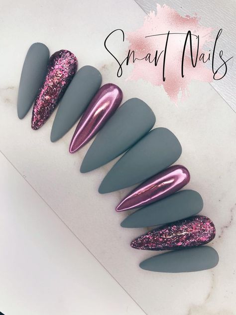 Press on Nails Matte Grey/ Chrome False Nails Press on - Etsy Grey Matte Nails Almond, Matte Nails With Jewels, Chrome And Matte Nails, Matte And Chrome Nails, Matte Nails With Glitter, New Trendy Nails, Trendy Nails Matte, Press On Nails Application, Grey Matte Nails