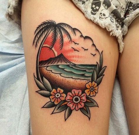 Hawaiian Tattoo Designs With Meanings 6 Beach Landscape Tattoo, Hai Tattoo, Nautical Tattoos, Scenery Tattoo, 27 Tattoo, Tropical Tattoo, Hawaii Tattoos, Surf Tattoo, Island Tattoo