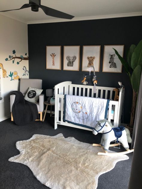 Nursery Dark Carpet, Nursery Ideas Gray Crib, Jungle Toddler Room, Dark Gray Nursery, Safari Nursery Boy, Safari Themed Nursery, Toddler Cot, Grey Nursery Boy, Nursery Safari