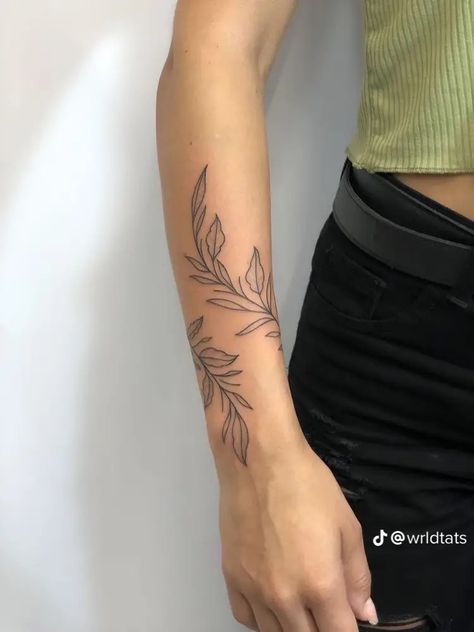 Forearm Leaf Tattoo Women, Leaf Patchwork Tattoo, Vine Up The Arm Tattoo, Small Wrist Wrap Tattoos, Vines Around Words Tattoo, Botanical Forearm Tattoo Women, Vine Around Forearm Tattoo, Wrap Around Forearm Tattoo Women Simple, Leaf Tattoo Arm Wrap