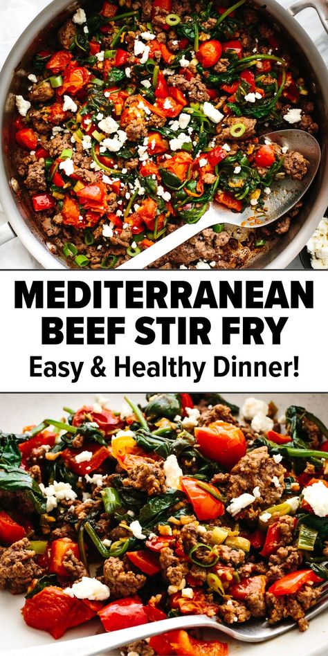 Mediterranean ground beef stir fry recipe Mediterranean Red Meat Recipes, Mediterranean Ground Beef, Mediterranean Beef, Mediterranean Recipes Healthy, Mediterranean Diet Recipes Dinners, Mediterranean Meals, Healthier Meals, Mediterranean Diet Meal Plan, Ground Beef Recipes Healthy