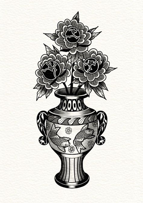 Japanese Vase Drawing, Japanese Traditional Tattoo Flowers, Neo Traditional Vase Tattoo, Traditional Vase Tattoo Design, Engravers Tattoo, Traditional Flower Vase Tattoo, Vase Traditional Tattoo, Japanese Vase Tattoo, Vase Tattoo Traditional